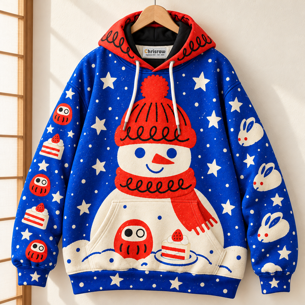 Chrisraw Japanese snowman daruma Christmas hoodie — hanging