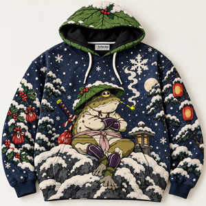 Chrisraw Ronin frog snow night Christmas hoodie — front flat lay