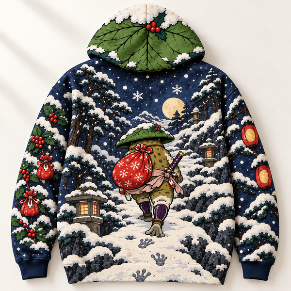 Chrisraw Ronin frog snow night Christmas hoodie — back flat lay