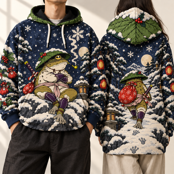 Chrisraw Ronin frog snow night Christmas hoodie — on model