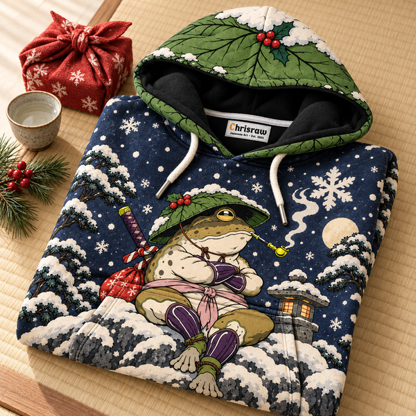 Chrisraw Ronin frog snow night Christmas hoodie — folded
