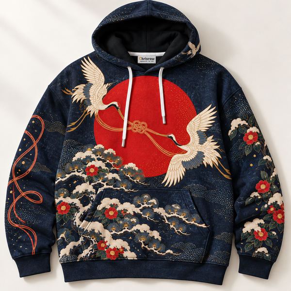 Chrisraw Snow cranes and red sun Japanese Christmas hoodie — front flat lay
