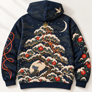 Chrisraw Snow cranes and red sun Japanese Christmas hoodie — back flat lay