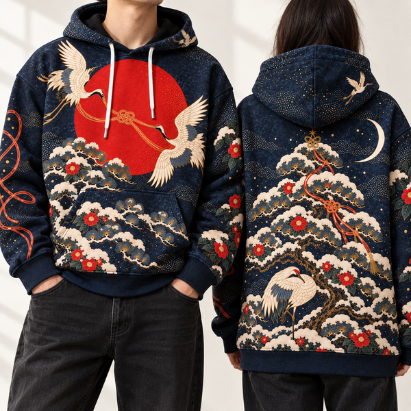Chrisraw Snow cranes and red sun Japanese Christmas hoodie — on model