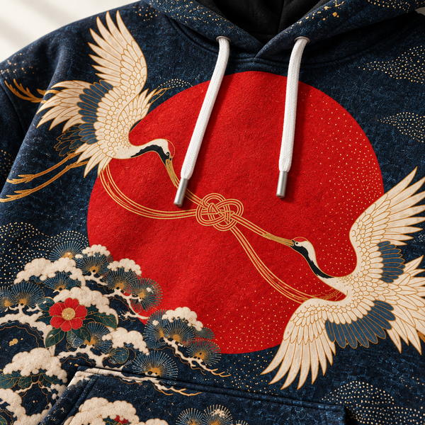 Chrisraw Snow cranes and red sun Japanese Christmas hoodie — print close-up