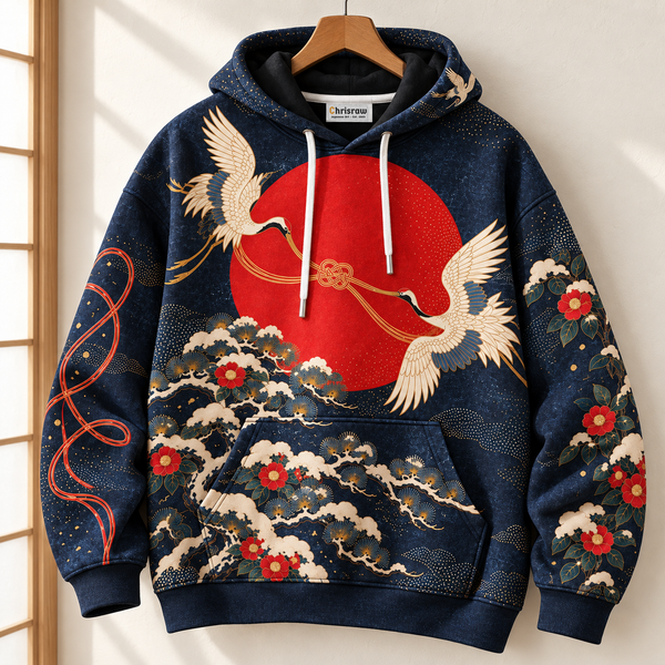 Chrisraw Snow cranes and red sun Japanese Christmas hoodie — hanging