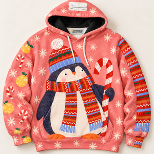 Chrisraw Penguin Fair Isle scarf yuzu hot spring Christmas hoodie — front flat lay