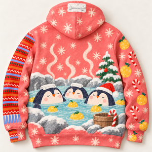 Chrisraw Penguin Fair Isle scarf yuzu hot spring Christmas hoodie — back flat lay