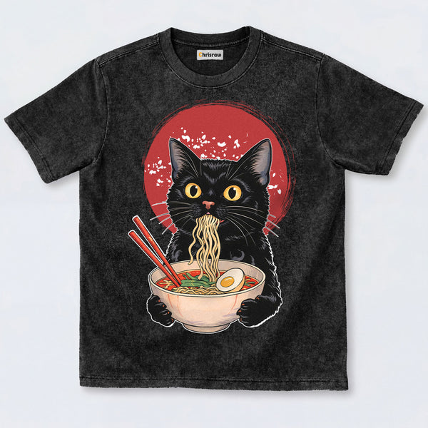 Chrisraw Cute Black Cat Eating Ramen Washed T-Shirts