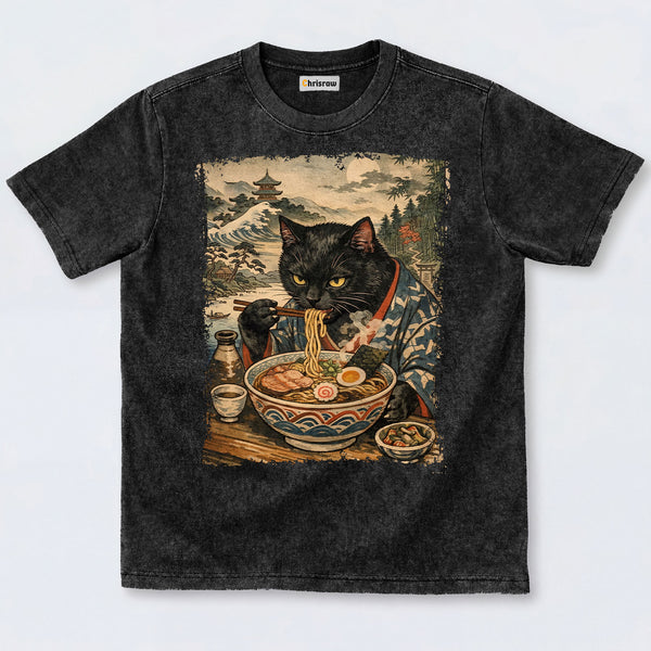 Chrisraw Cute Black Cat Eating Ramen Washed T-Shirts