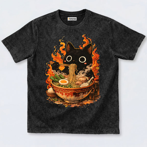 Chrisraw Cute Black Cat Eating Ramen Washed T-Shirts