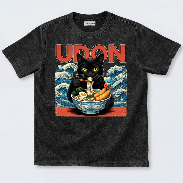 Chrisraw Cute Black Cat Eating Ramen Washed T-Shirts
