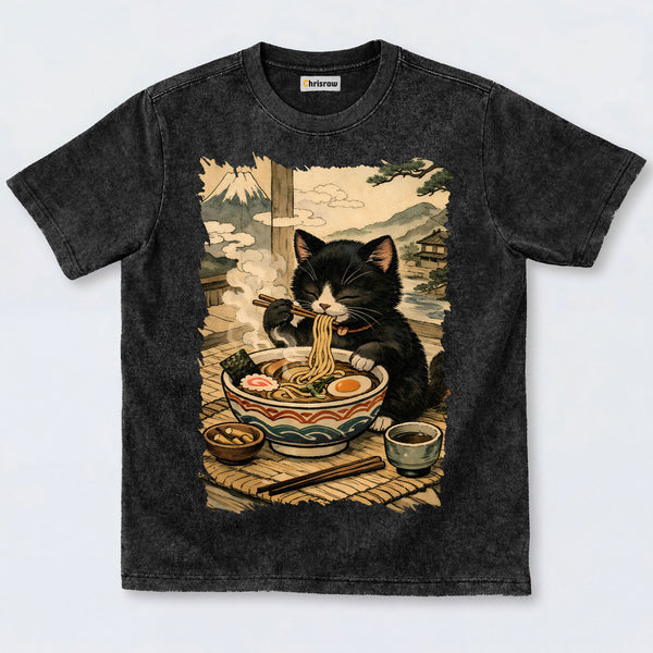 Chrisraw Cute Black Cat Eating Ramen Washed T-Shirts