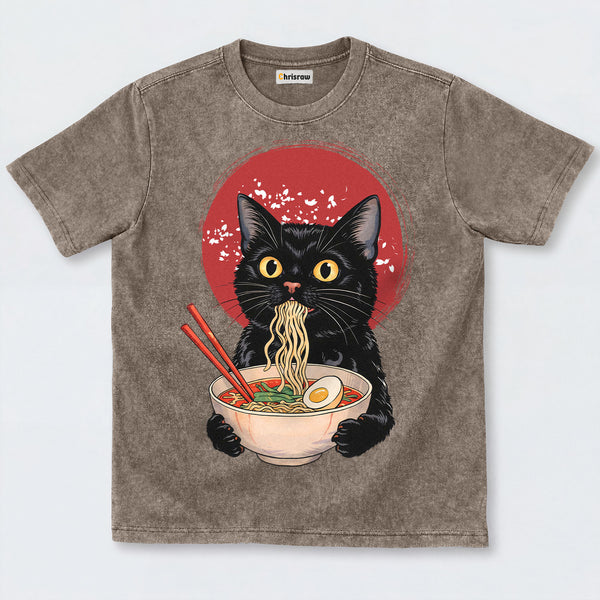 Chrisraw Cute Black Cat Eating Ramen Washed T-Shirts