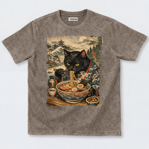 Chrisraw Cute Black Cat Eating Ramen Washed T-Shirts