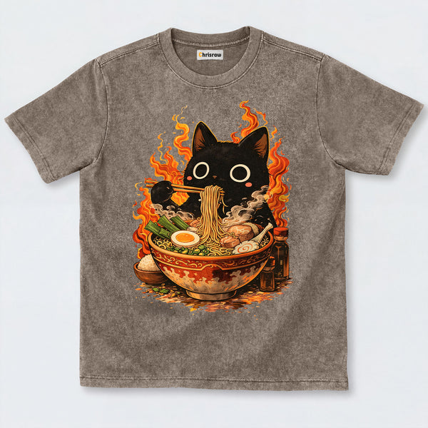 Chrisraw Cute Black Cat Eating Ramen Washed T-Shirts