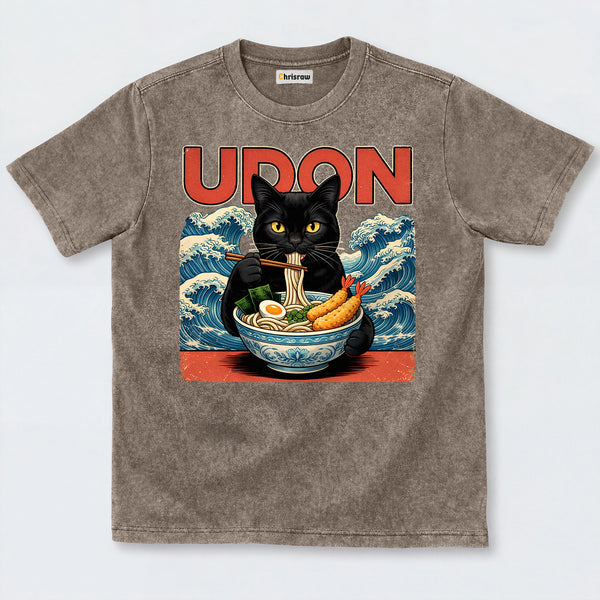 Chrisraw Cute Black Cat Eating Ramen Washed T-Shirts