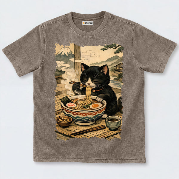 Chrisraw Cute Black Cat Eating Ramen Washed T-Shirts