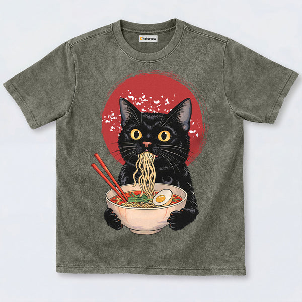 Chrisraw Cute Black Cat Eating Ramen Washed T-Shirts