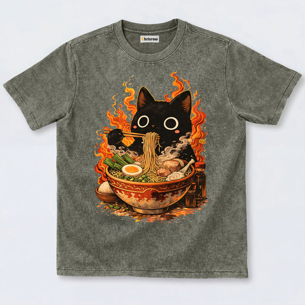 Chrisraw Cute Black Cat Eating Ramen Washed T-Shirts