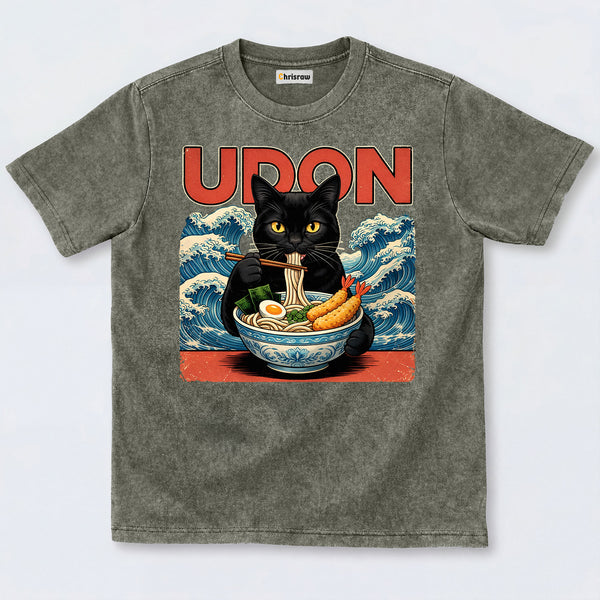 Chrisraw Cute Black Cat Eating Ramen Washed T-Shirts