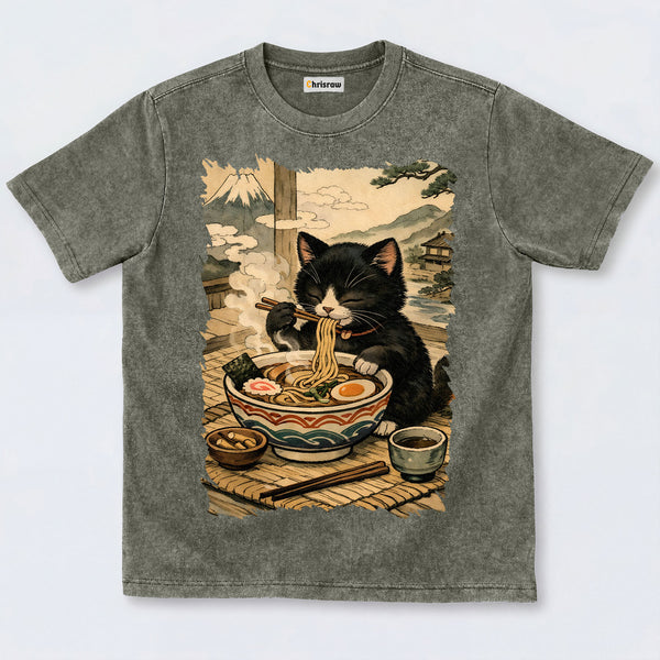 Chrisraw Cute Black Cat Eating Ramen Washed T-Shirts