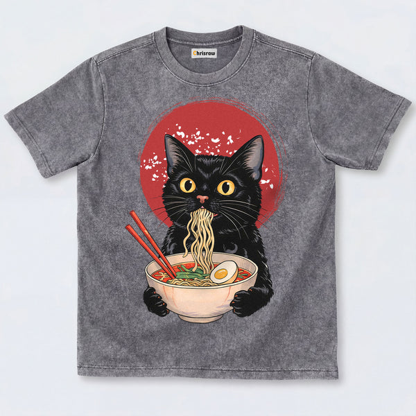 Chrisraw Cute Black Cat Eating Ramen Washed T-Shirts