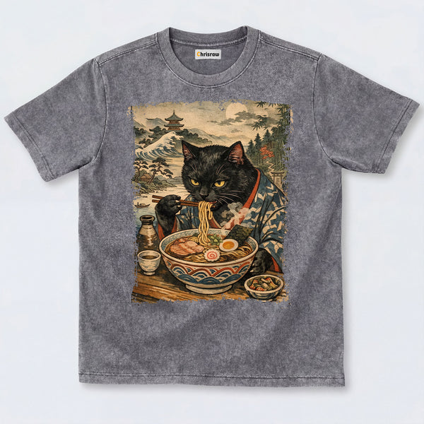 Chrisraw Cute Black Cat Eating Ramen Washed T-Shirts