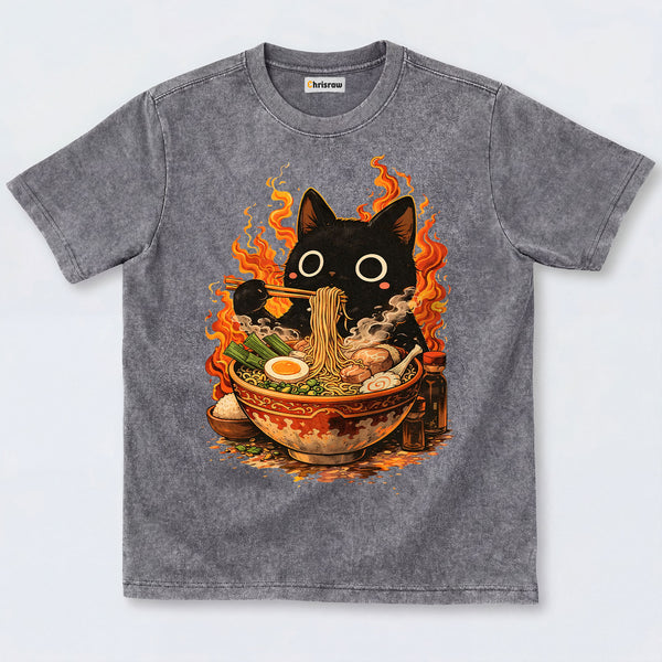 Chrisraw Cute Black Cat Eating Ramen Washed T-Shirts