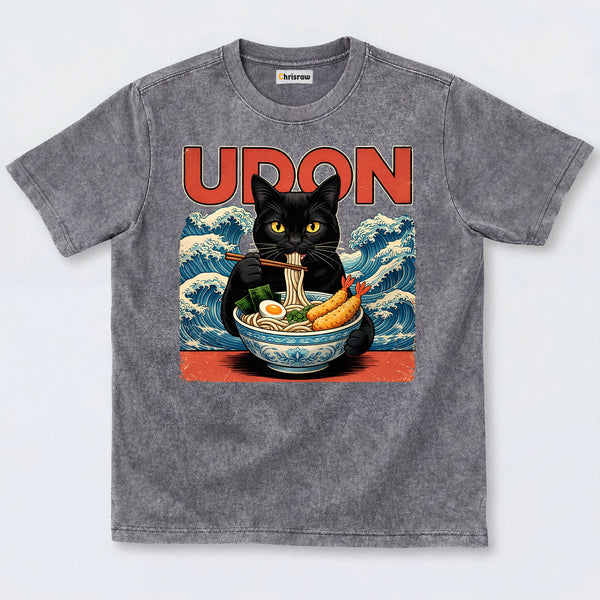 Chrisraw Cute Black Cat Eating Ramen Washed T-Shirts