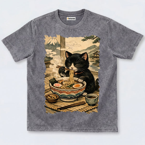 Chrisraw Cute Black Cat Eating Ramen Washed T-Shirts
