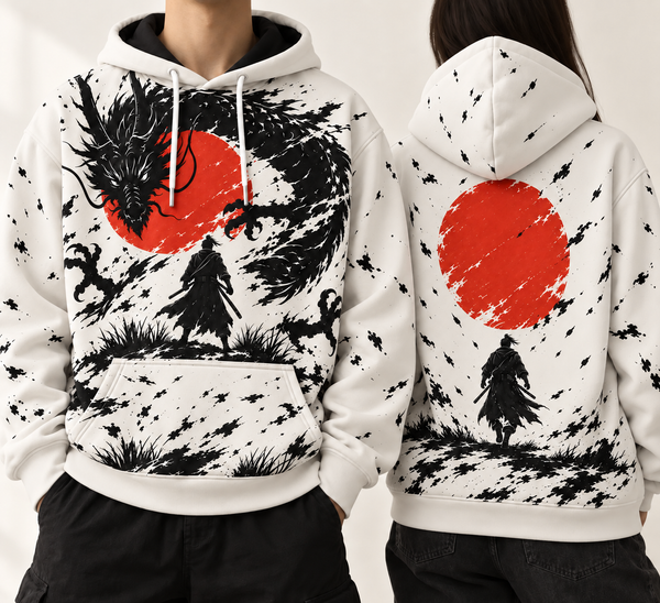 Chrisraw Hinomaru Hoodie — Ink Dragon Red Sun Samurai Print