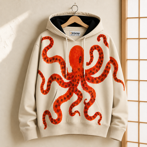 Chrisraw Beni Odako Hoodie — Crimson Octopus Hand-Painted Print