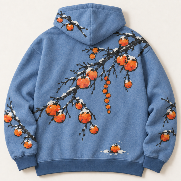 Chrisraw Fuyugaki Hoodie — Snow Persimmon Branch Bird and Cat Print