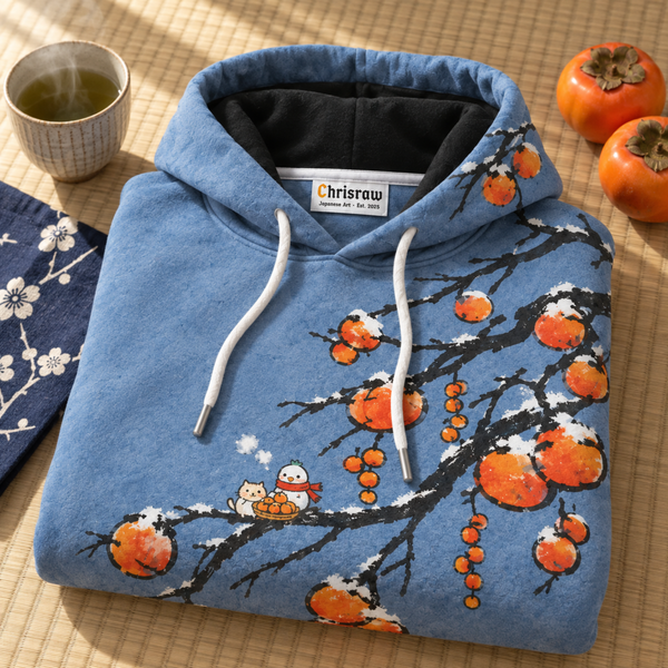 Chrisraw Fuyugaki Hoodie — Snow Persimmon Branch Bird and Cat Print