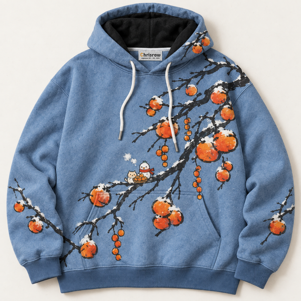Chrisraw Fuyugaki Hoodie — Snow Persimmon Branch Bird and Cat Print