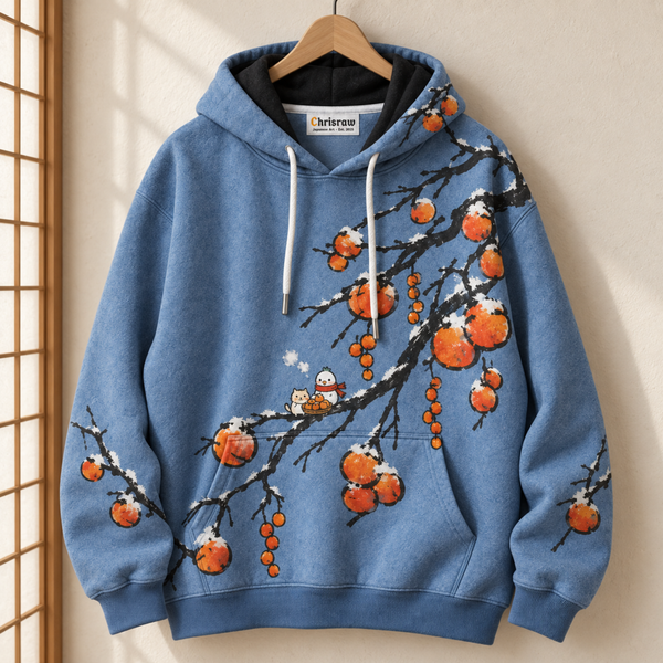 Chrisraw Fuyugaki Hoodie — Snow Persimmon Branch Bird and Cat Print