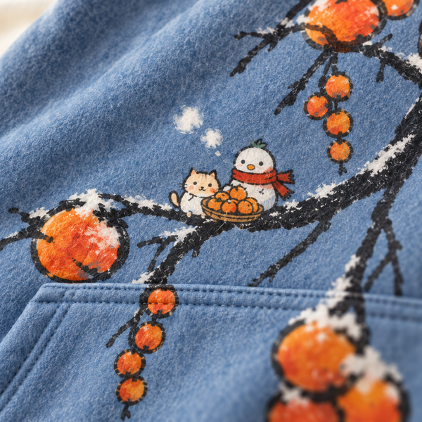 Chrisraw Fuyugaki Hoodie — Snow Persimmon Branch Bird and Cat Print