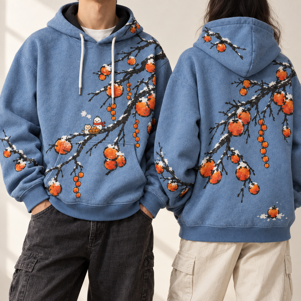 Chrisraw Fuyugaki Hoodie — Snow Persimmon Branch Bird and Cat Print