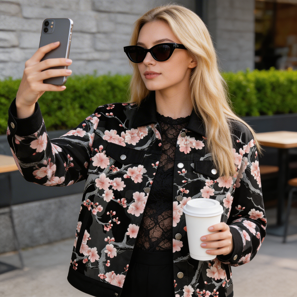 Chrisraw Cherry Blossom Branches On Black Canvas Jacket | All-Over Print Cotton Jacket
