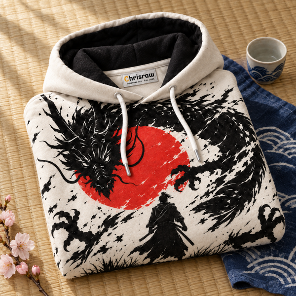 Chrisraw Hinomaru Hoodie — Ink Dragon Red Sun Samurai Print