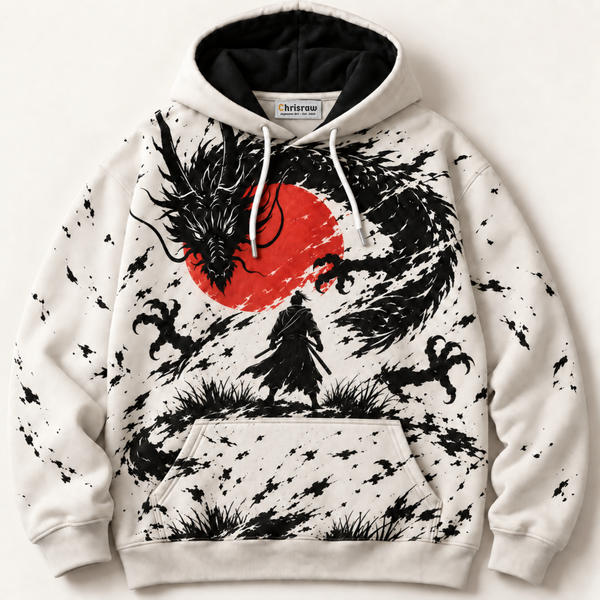 Chrisraw Hinomaru Hoodie — Ink Dragon Red Sun Samurai Print
