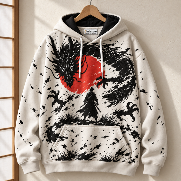 Chrisraw Hinomaru Hoodie — Ink Dragon Red Sun Samurai Print