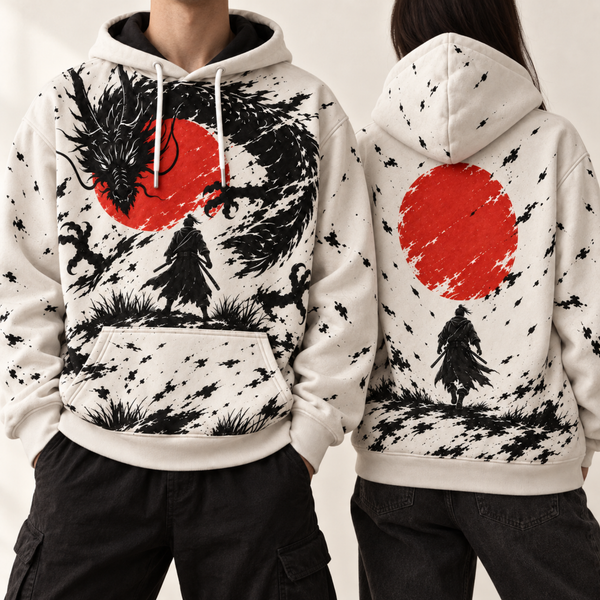Chrisraw Hinomaru Hoodie — Ink Dragon Red Sun Samurai Print