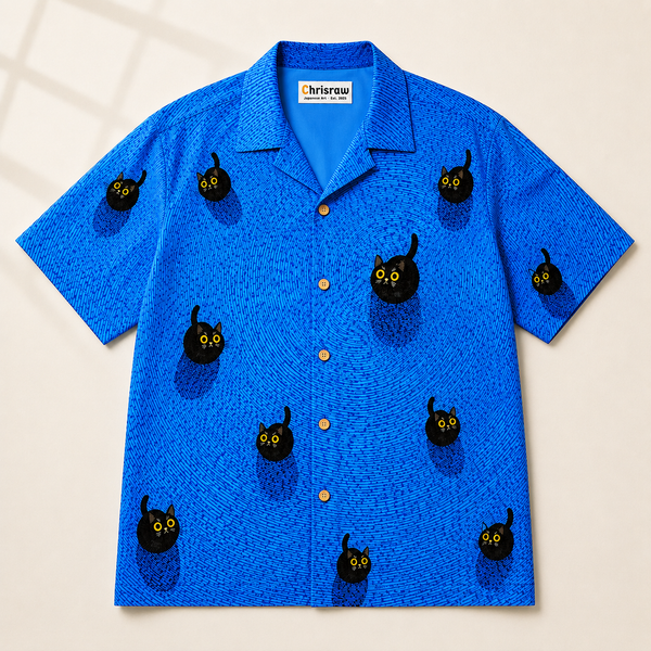 Chrisraw Kuroneko Aloha Shirt — Japanese Black Cat Blue Print