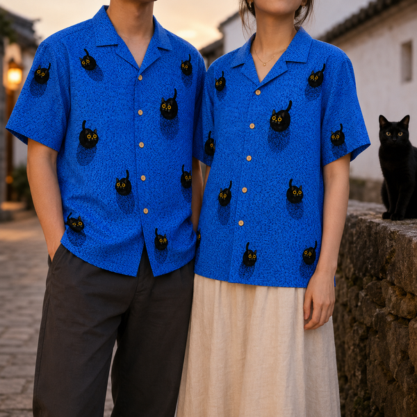 Chrisraw Kuroneko Aloha Shirt — Japanese Black Cat Blue Print