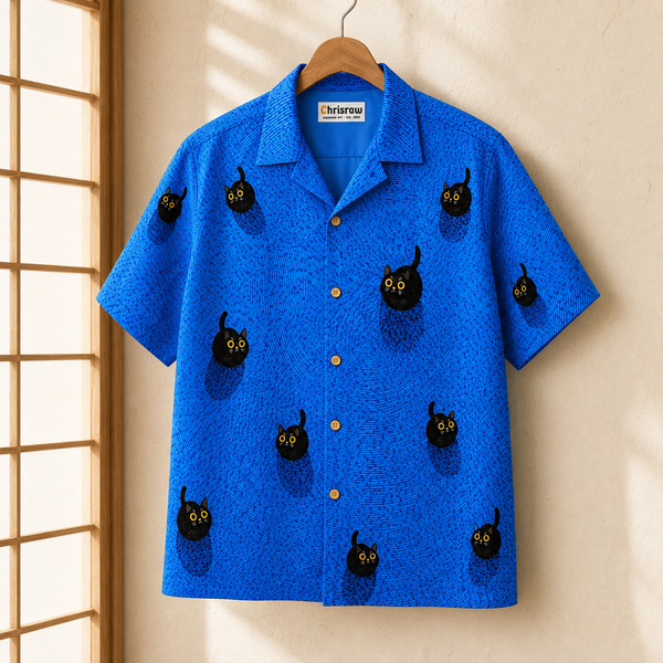 Chrisraw Kuroneko Aloha Shirt — Japanese Black Cat Blue Print