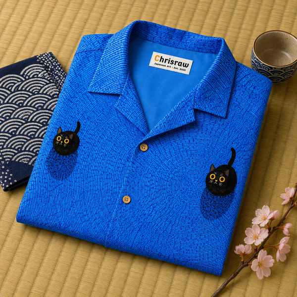 Chrisraw Kuroneko Aloha Shirt — Japanese Black Cat Blue Print