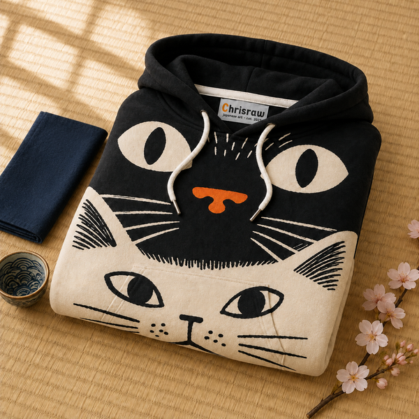 Chrisraw Kuroshiro Hoodie — Black and Cream Cat Face Print
