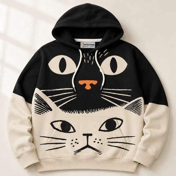 Chrisraw Kuroshiro Hoodie — Black and Cream Cat Face Print